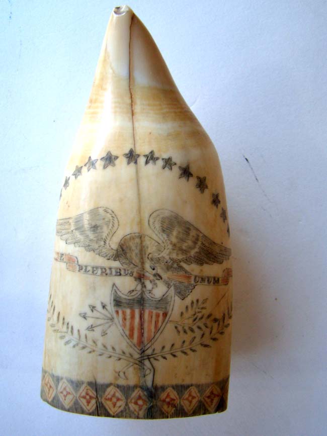 An American scrimshawed Whale's Tooth with polycrome decoration circa 1850